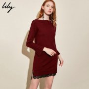 Lily2018冬新款女装优雅通勤拼接蕾丝花边酒红针织连衣裙7937图片