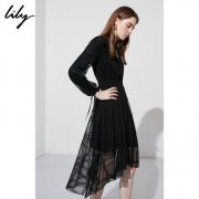 Lily2018冬新款女装复古黑色收腰显瘦蕾丝格纹连衣裙118410C7530图片
