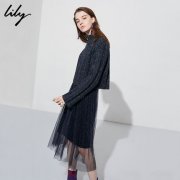 Lily2018冬新款女装两件套毛衫拼接长款收腰连衣裙118430C7103图片