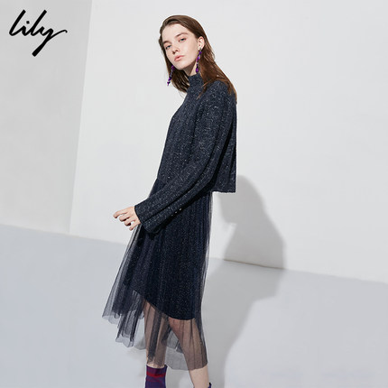 Lily2018冬新款女装两件套毛衫拼接长款收腰连衣裙118430C7103