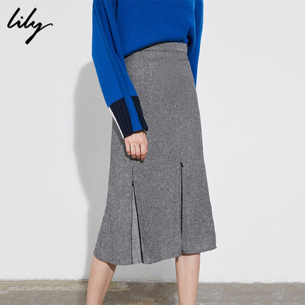 Lily2018冬新款女装开叉拼接格纹修身包臀裙鱼尾裙118430C6516