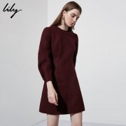 Lily2018冬新款女装简约纯色通勤收腰圆领毛呢连衣裙118430F7619图片