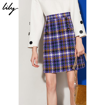 Lily2018冬新款女装英伦彩色格纹高腰修身羊毛半身裙118440C6527