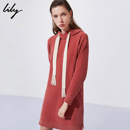 Lily2018冬新款女装宽松休闲H型织带连帽针织连衣裙118430B7710