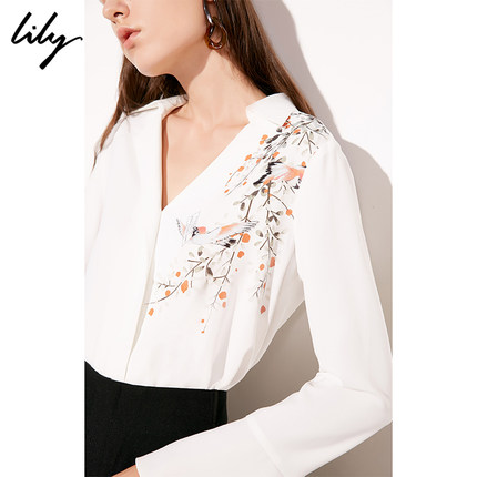 Lily2019春新款女装复古花鸟气质定位印花套头衬衫119149C4923
