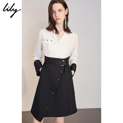 Lily2018秋新款女装假两件袖口可拆卸收腰连衣裙118320C7232
