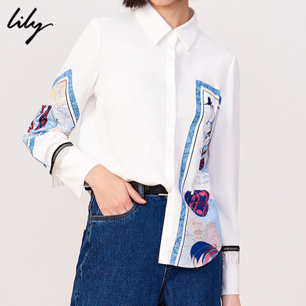 Lily2019春新款女装商务通勤直筒白色单排扣印花长袖衬衫4915