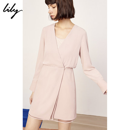 Lily2019春新款女装商务感灰粉色V领修身通勤长袖拼接连衣裙7905