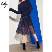 Lily2018冬新款女装金属紫双层透视中长百褶裙半身裙118440C6532图片