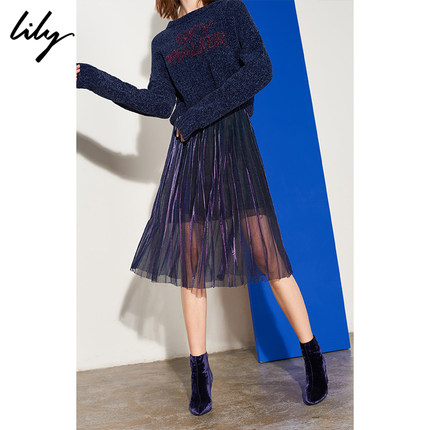 Lily2018冬新款女装金属紫双层透视中长百褶裙半身裙118440C6532