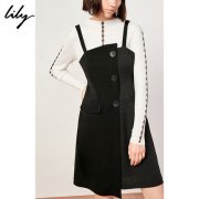 预售Lily2019春新款商务不对称剪裁黑色拼接条纹吊带连衣裙7957图片