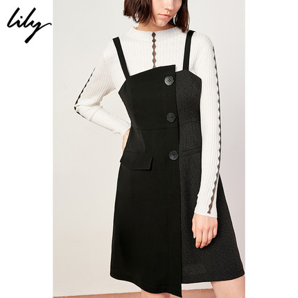 预售Lily2019春新款商务不对称剪裁黑色拼接条纹吊带连衣裙7957
