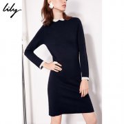 Lily2018冬新款女装气质藏青修身长款针织连衣裙118419B7951图片